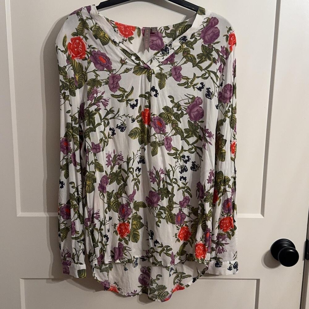 Brina & EM Tunic Blouse Womens L Multicolor Floral Rayon Long Sleeve Boho Top